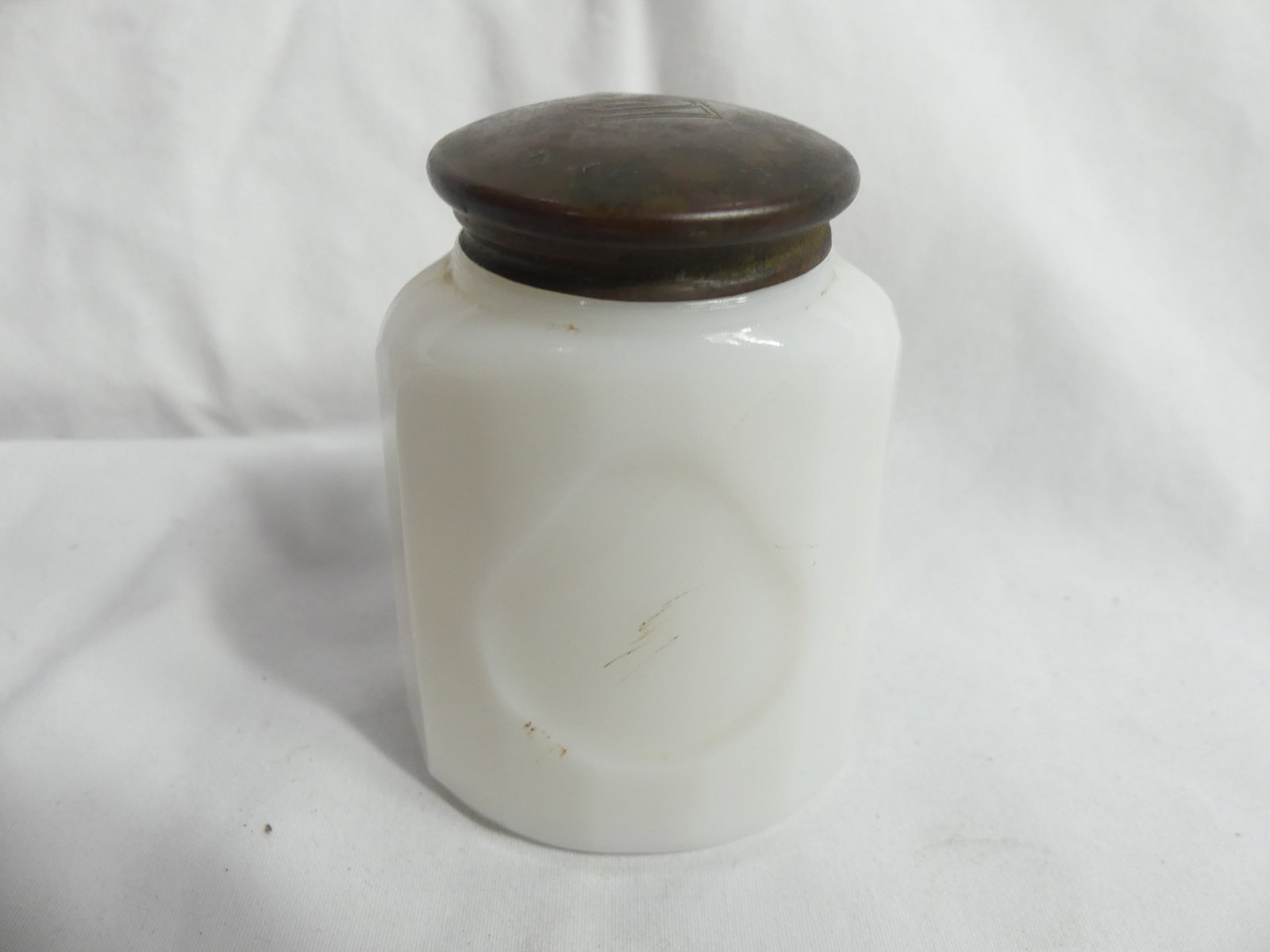 Antique Lark Co. Milk Glass Cover Jar: approx. 3 1/8 tall, see photo's, dent on lid