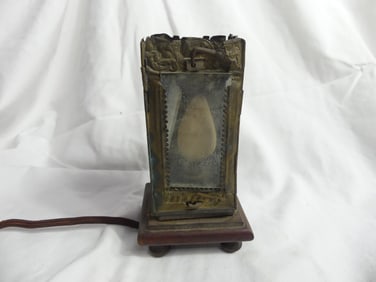 Antique Lantern  Electrified Tin on Wood Base