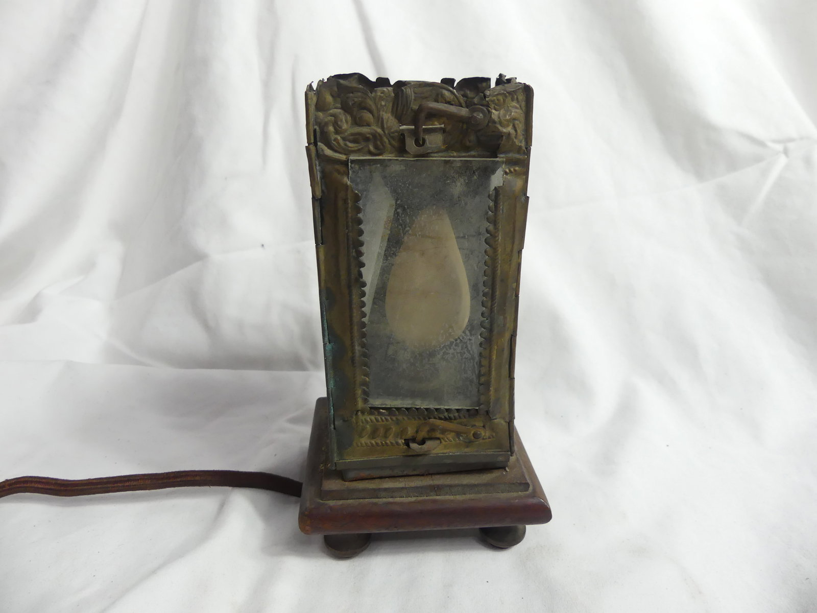 Antique Lantern Electrified Tin on Wood Base: approx. 7 inches tall, see photo's