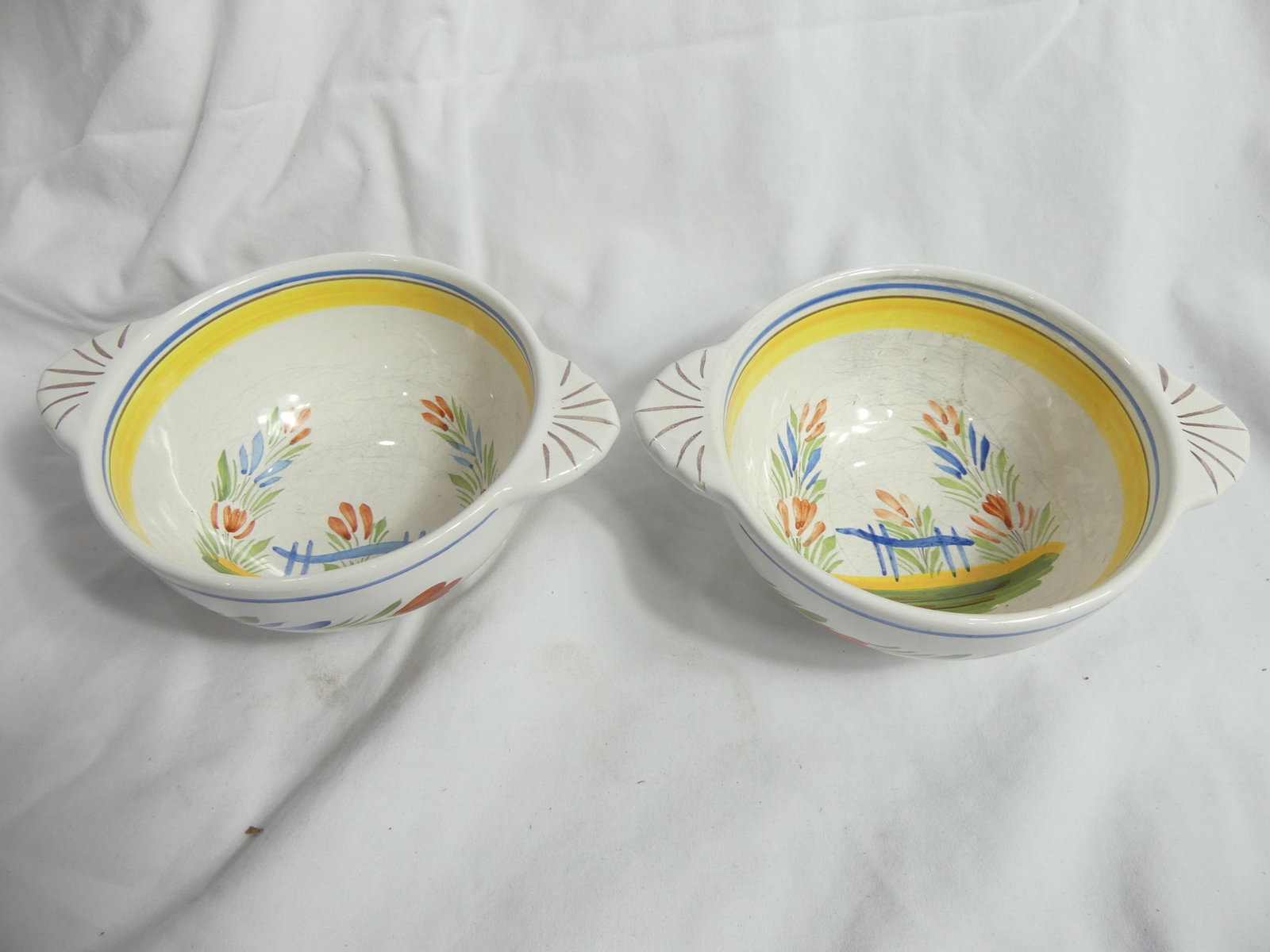 Pair of Vintage Henriot Quimper Pottery Soup Bowls: approx. 5 wide not including handles, see photo's