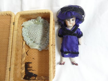 Antique Miniature Bisque Doll with Original Wicker Box
