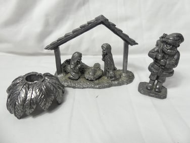 Lot of 3 Vintage 1987 Lead Carved Santa Manger & Palm Tree Candle Top