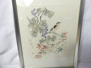 Vintage Signed Chinese Frame Art with Bird & Fruit Tree