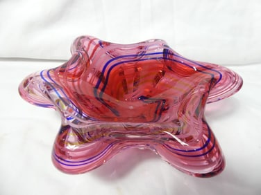 Vintage Art Glass Cranberry Stripe Bowl