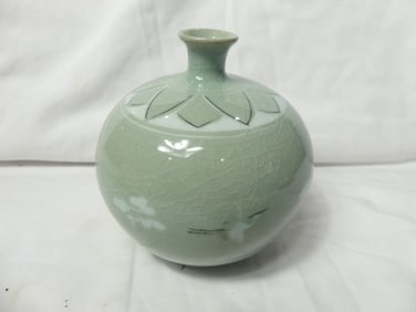 Signed Chinese Hand Painted Celadon Green Porcelain Vase with Birds