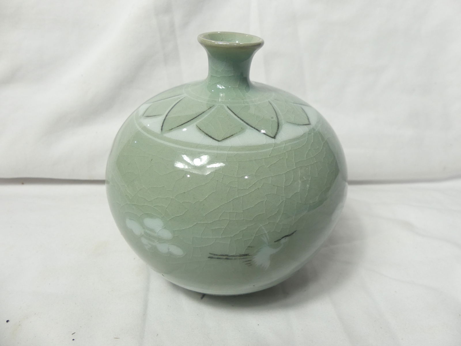 Signed Chinese Hand Painted Celadon Green Porcelain Vase with Birds (1 of 4)