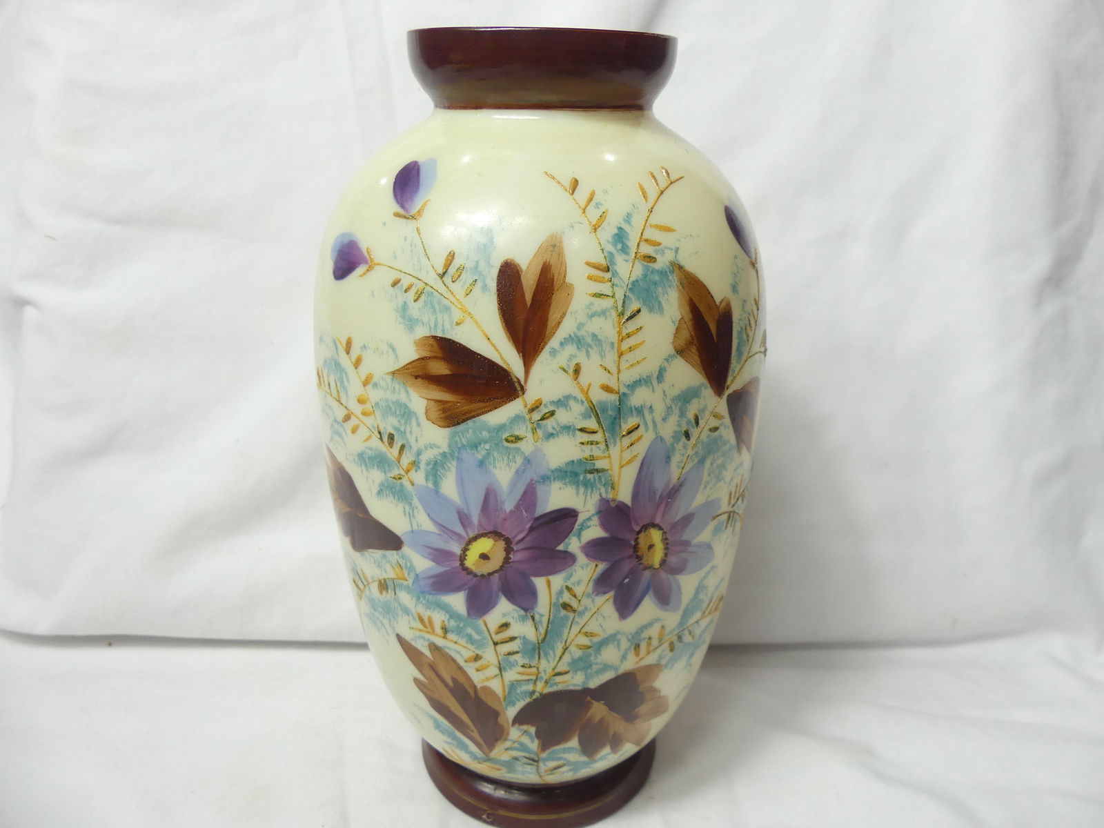 Vintage Hand Painted Bristol Vase with Purple & Blue Flowers: approx. 9 1/4 tall, see photo's