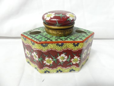 Antique France Ink Well Pen Holder, Hand Painted