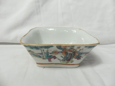 Antique Chinese Hand Painted Square Porcelain Bowl with Fish & Emperor & Children
