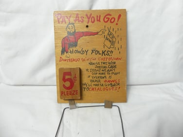 Vintage Wood Sign Toilet Paper Holder, "Pay As You Go) 5 Cents