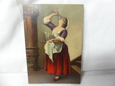Fabulous Antique Oil Painting on Wood Woman Drinking