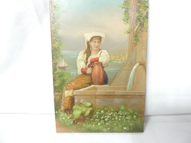 Antique Oil on Wood Painting Girl at Well, Fabulous Detail