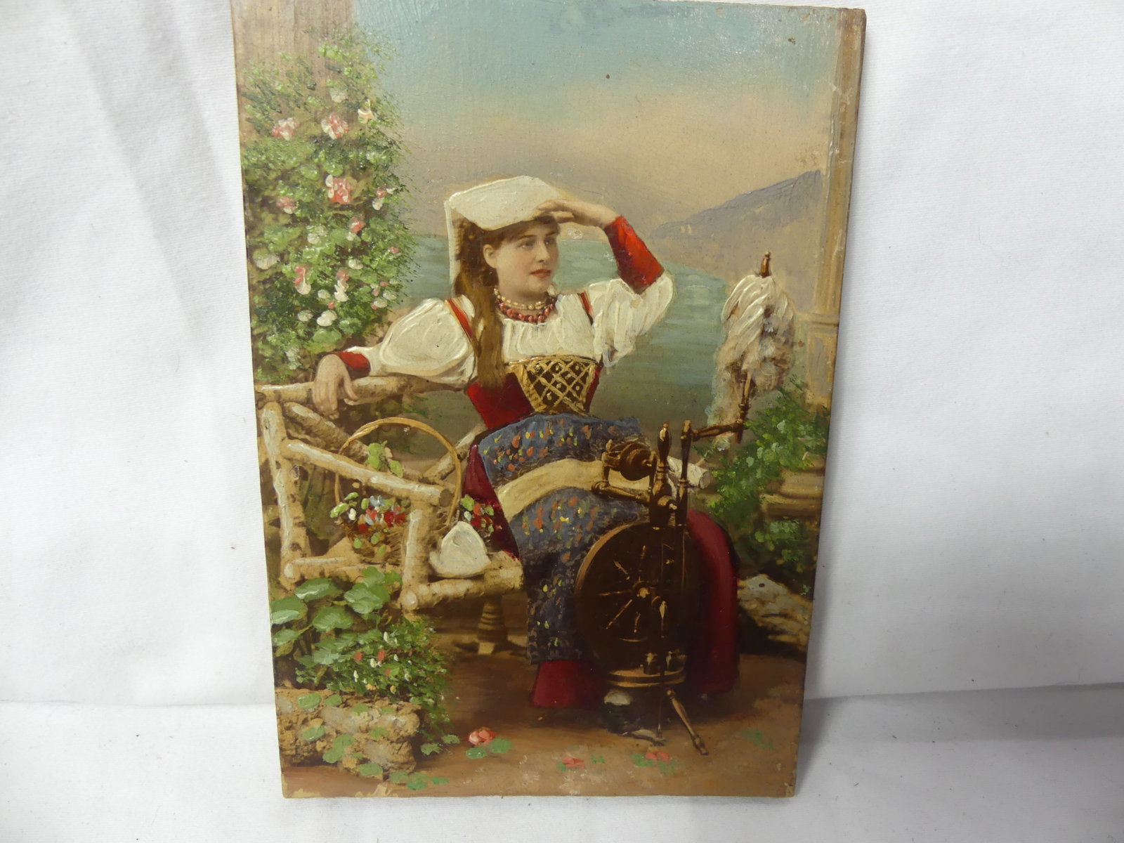 Incredible Antique Oil Painting on Wood Girl with Spinning Wheel: approx. 3 3/4 x 5 1/2, see photo's