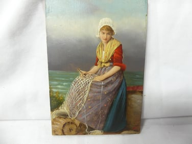 Fabulous Antique Oil Painting on Wood Woman Making Fish Net