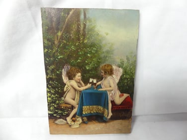 Exquisite Antique Oil Painting on Wood, Early 1800's Scene Children Angels