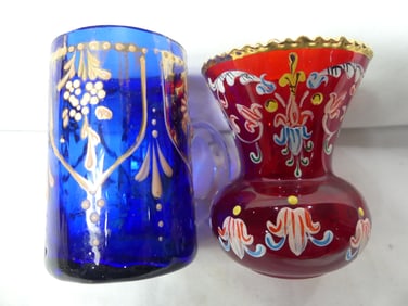 Lot of 2 Antique Victorian Glass with Enamel Hand Painting