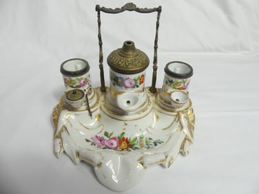 Antique Hand Painted Porcelain Ink Well Pen Holder