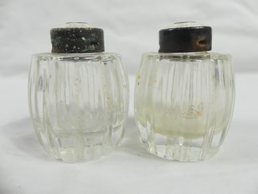 Pair of Antique Crystal Salt & Pepper Shakers with Enamel Tops
