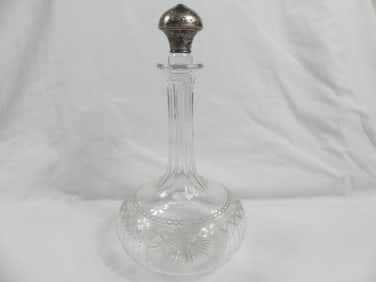 Antique Etched Glass Decanter with Sterling Stopper