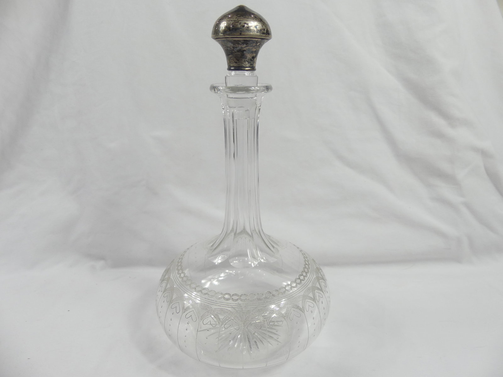 Antique Etched Glass Decanter with Sterling Stopper: approx. 10 1/2 tall, see photo's