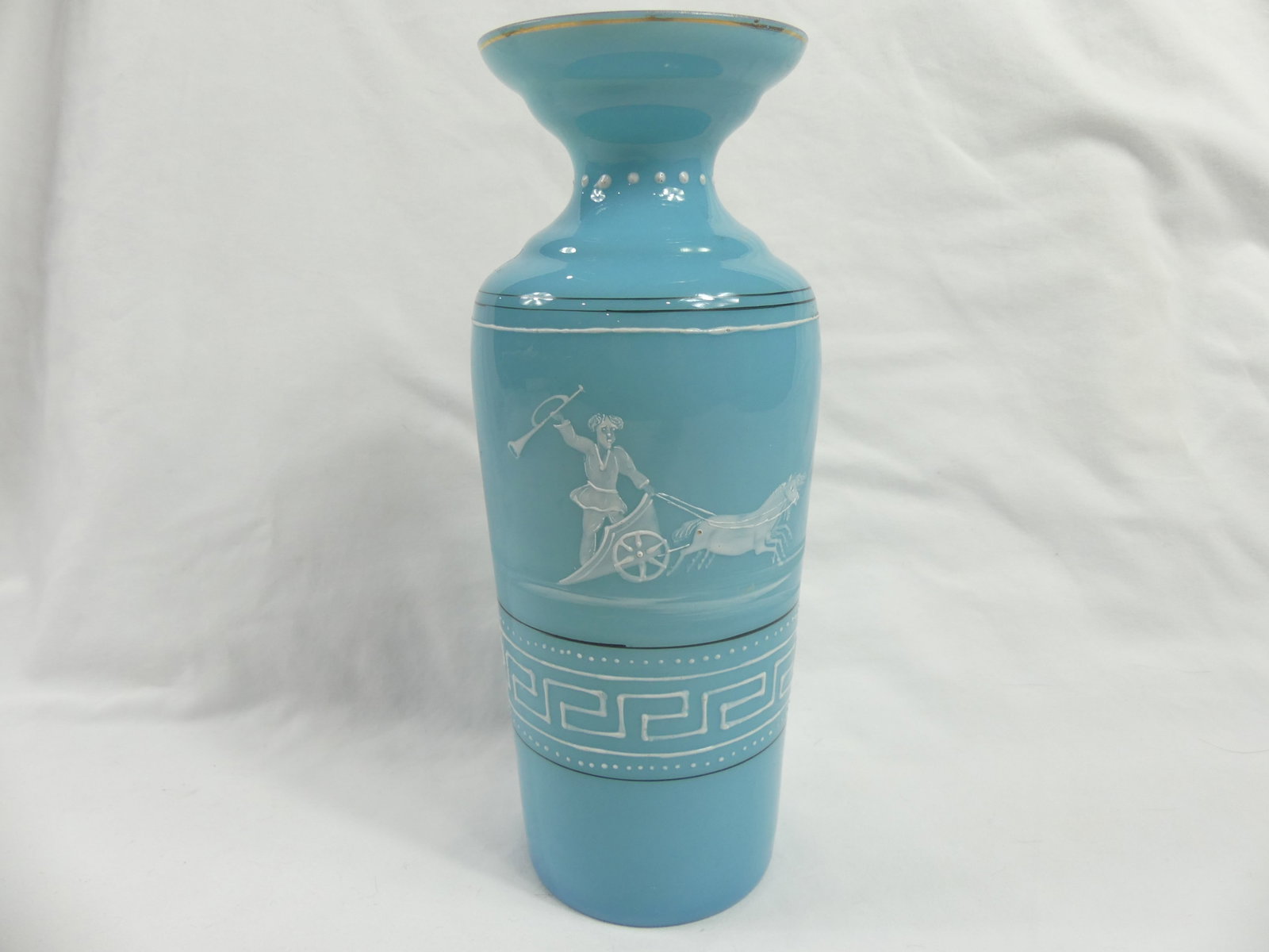 Antique Blue Bristol Vase with White Hand Painted Chariot: approx. 8 3/4 tall, see photo's