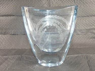 Signed Rozenburg Crystal Vase with Etched Leaf Pattern