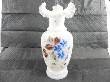 Antique White Bristol Vase with Hand Painted Flowers & Ruffled Edge