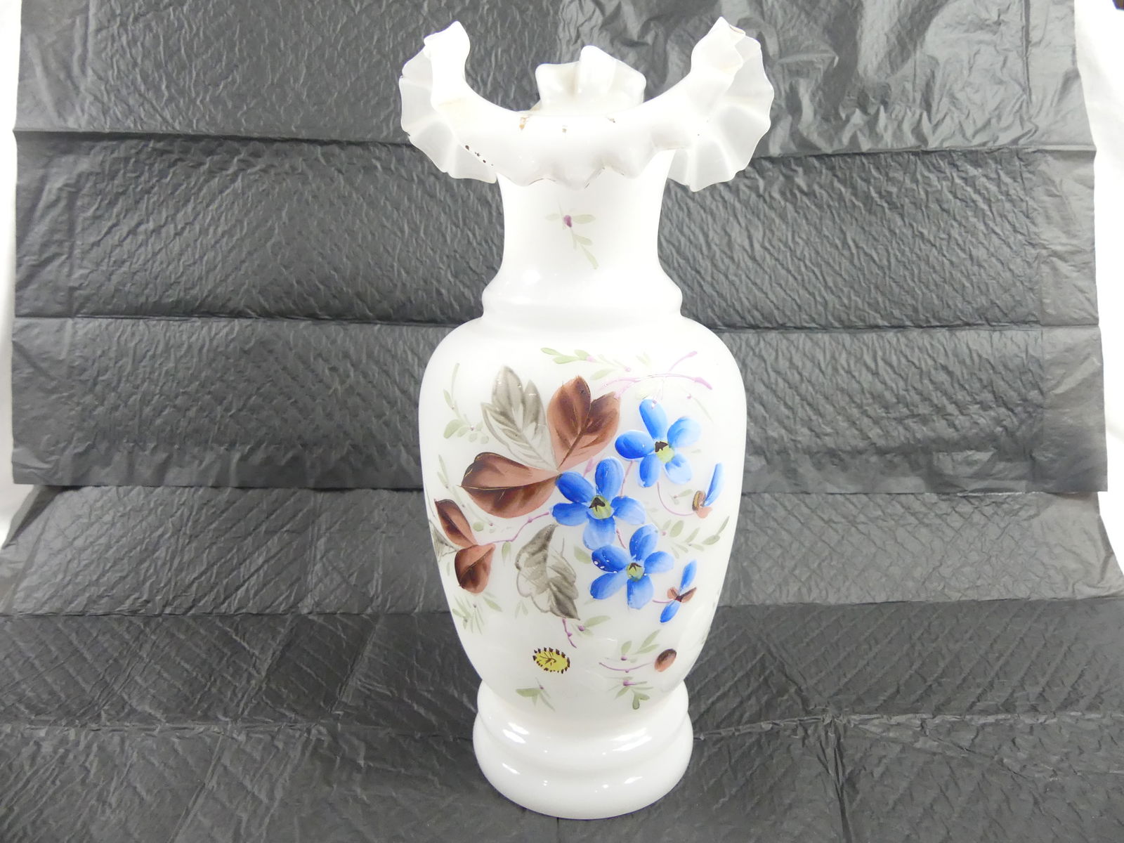Antique White Bristol Vase with Hand Painted Flowers & Ruffled Edge (1 of 6)