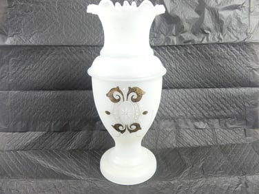 Vintage White Bristol Vase with Enamel Paint & Ruffled Edge