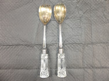 Pair of Vintage Etched Silver Plate Salad Utensils with Crystal Handles
