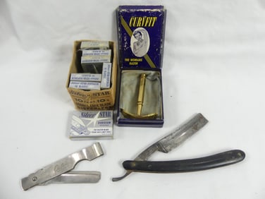 Lot of Vintage/Antique Shaving Items, Woman's Razor, Straight Edge Razon & Blades