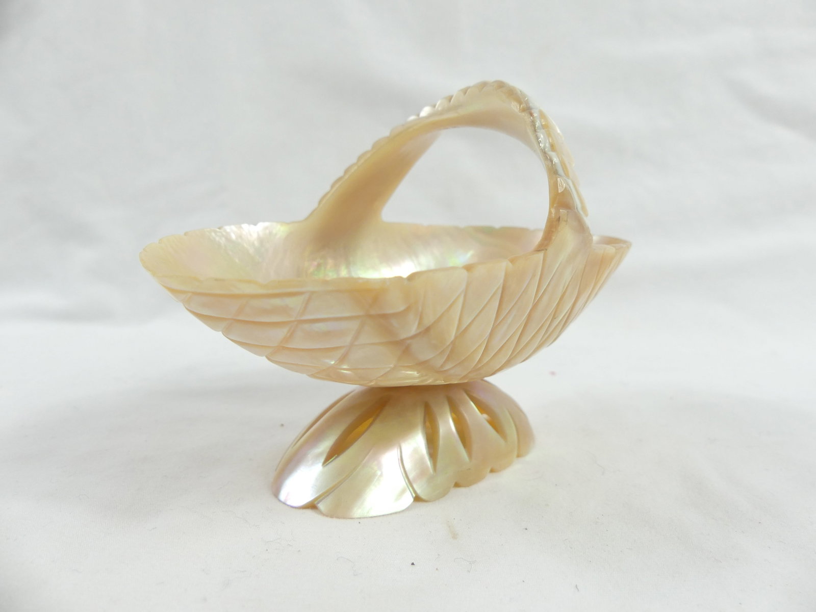 Vintage Hand Carved Mother of Pearl Basket: approx. 3 1/8 inches tall, see photo's