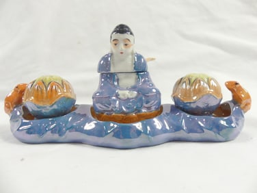 Vintage Circa 1930's Japan Lusterware Salt, Pepper & Jam/Sugar Set with Tray