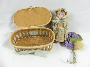 Small Antique Bisque Doll in Original Wicker Basket