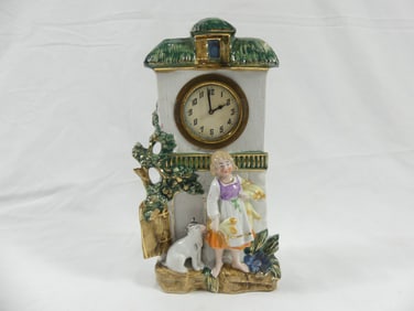Vintage Germany Bone China Clock Hand Painted House with Girl & Dog
