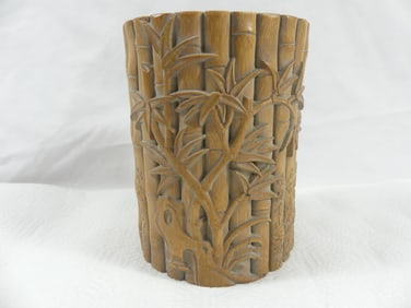 Vintage Hand Carved Brush Pot Bamboo & Plant