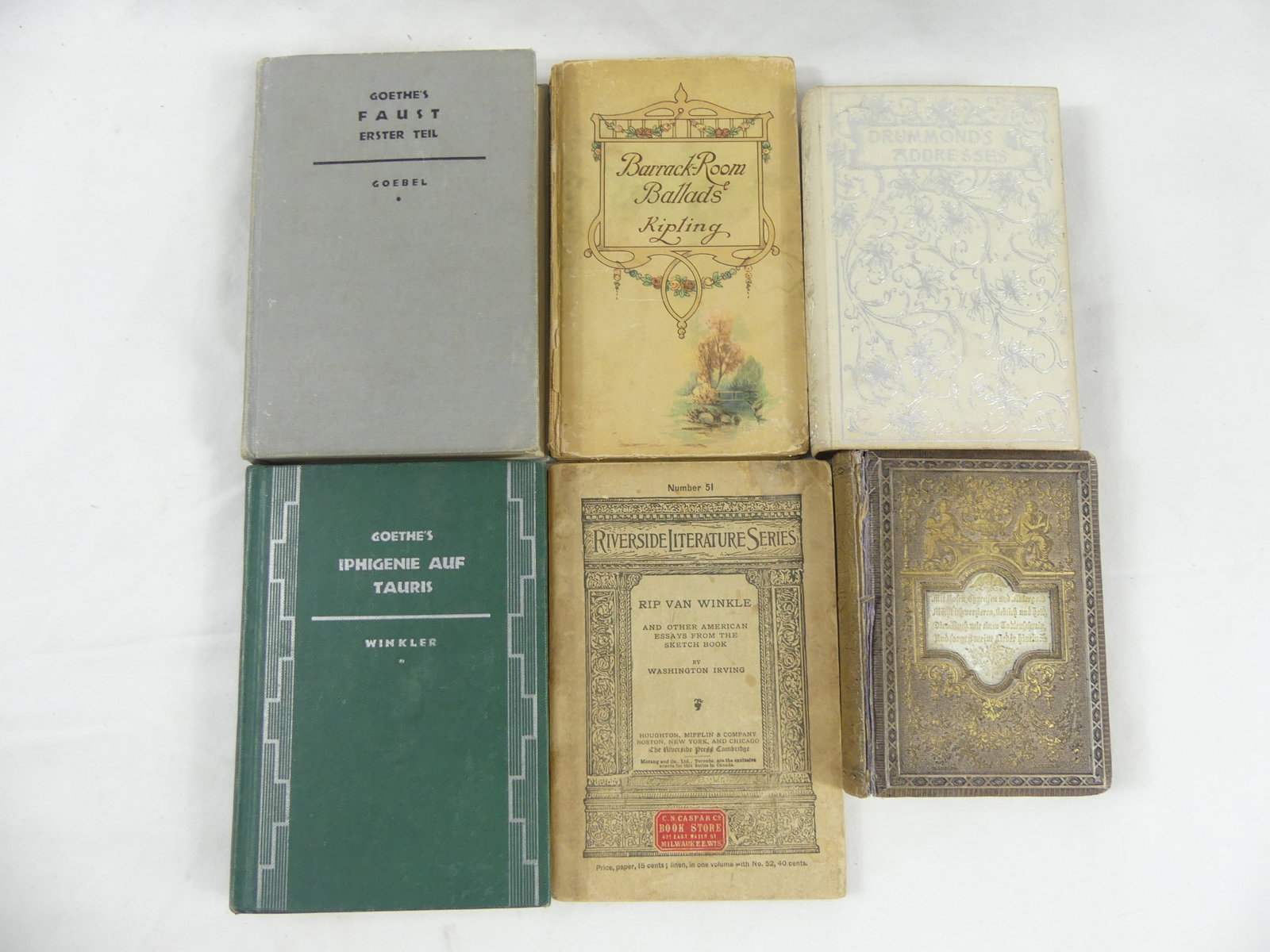 Lot of 6 Vintage/Antique Books: Rip Van Winkle Riverside Literature Series, Gothe's Faust, Drummond's Addresses, Kipling Barrack-Room Ballards, Goethe's Iphigenie Auf Tauris, & Foreign Bible