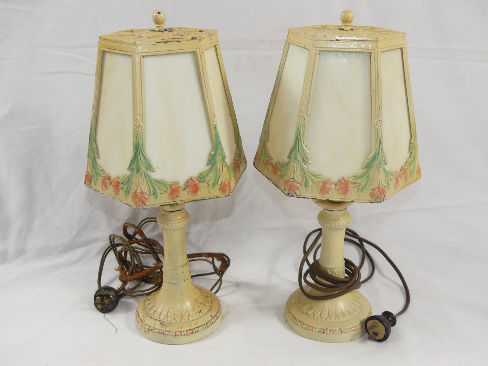 Pair of Vintage Lead Glass Painted Boudoir Lamps: approx. 15 inches tall, NEED REWIRING, see photo's