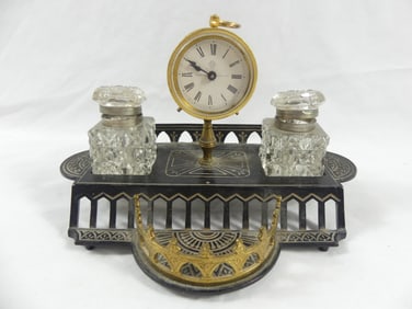 Antique 1878 Cast Iron Ink Well Holder with Ansonia Clock