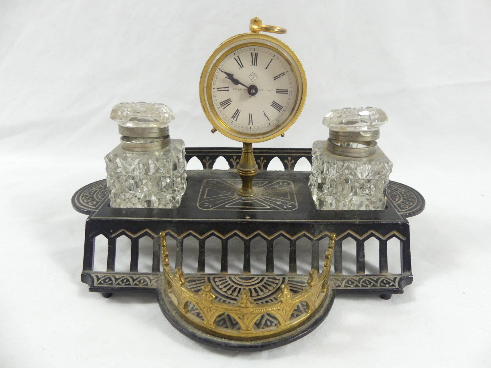 Antique 1878 Cast Iron Ink Well Holder with Ansonia Clock (1 of 10)