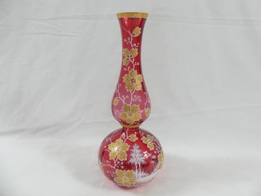 Victorian Cranberry Glass Vase Hand Painted with Raised Gold Leaf