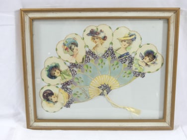 Vintage Ladies Paper Hand Fan in Frame