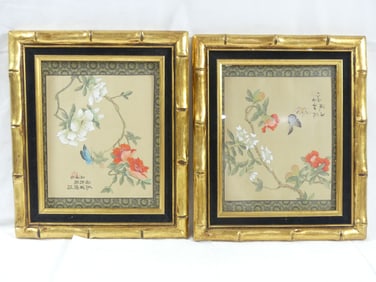Lot of 2 Vintage Chinese Paintings on Silk, Signed & Red Stamp