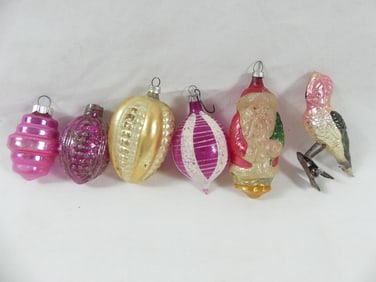 Lot of 6 Antique Christmas Ornaments with Clip on Bird & Santa