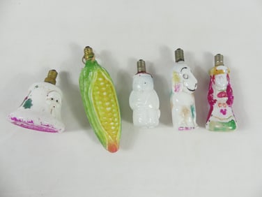 Lot of 5 Vintage Glass Figural Light Bulb Christmas Ornaments