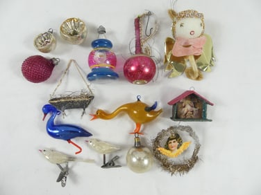 Lot of Victorian Christmas Ornaments with Clip on Birds