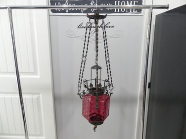 Victorian Cranberry Glass Hanging Lamp, Not Electrified