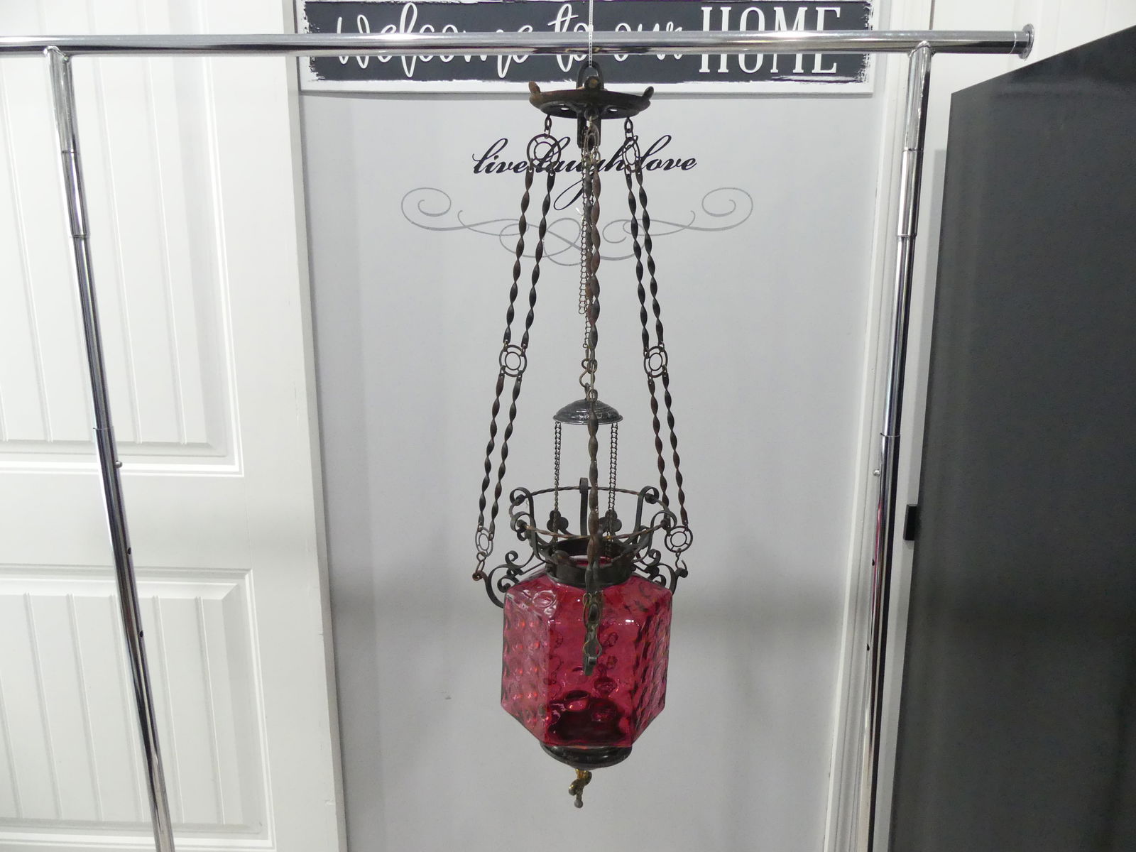 Victorian Cranberry Glass Hanging Lamp, Not Electrified (1 of 14)