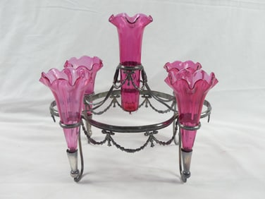 Victorian Epergne 5 Cranberry Glass Holders