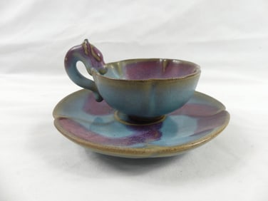 Antique Chinese Cup & Saucer Blue With Purple Glaze